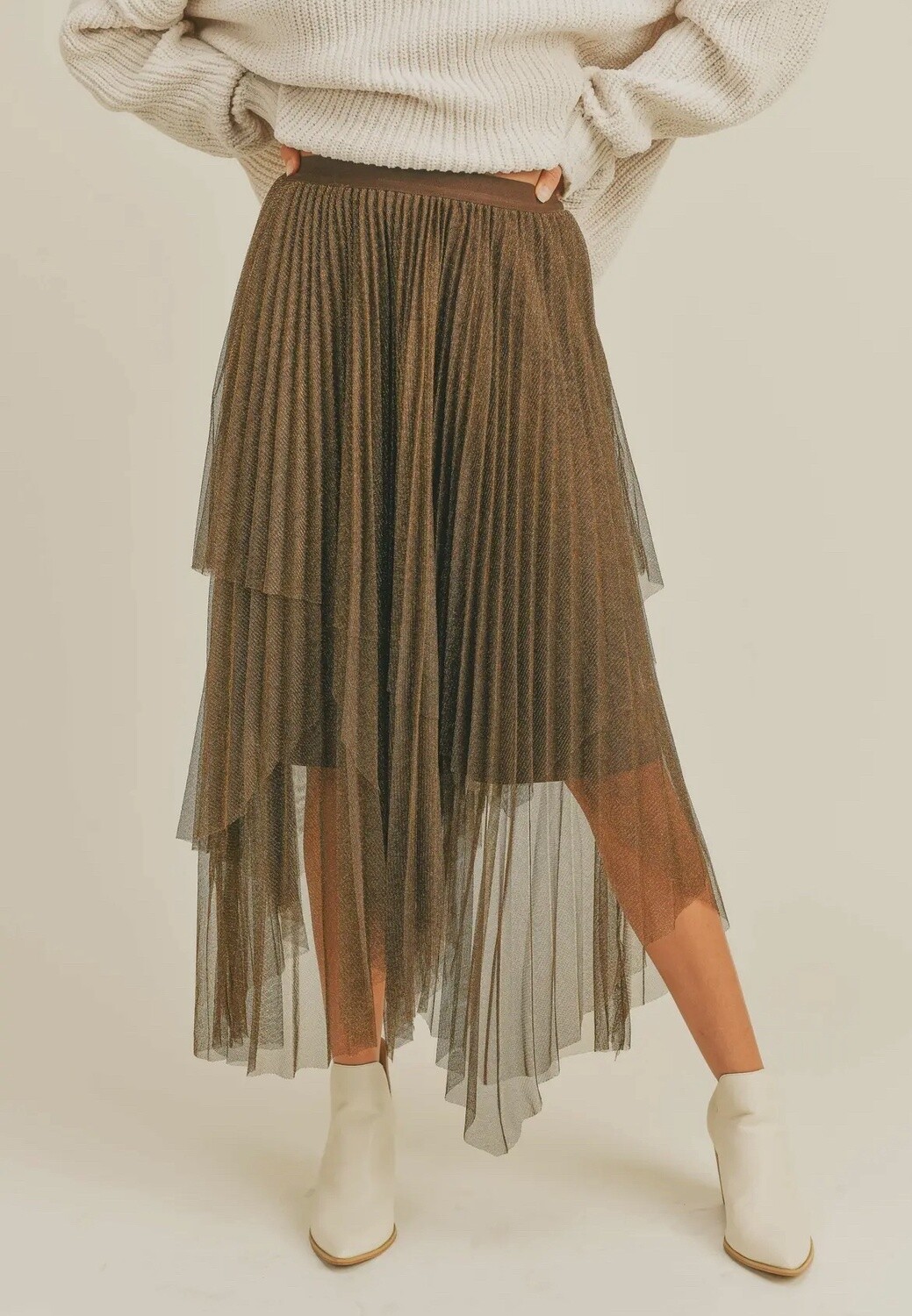 Metallic Mesh Pleated Skirt - Bronze
