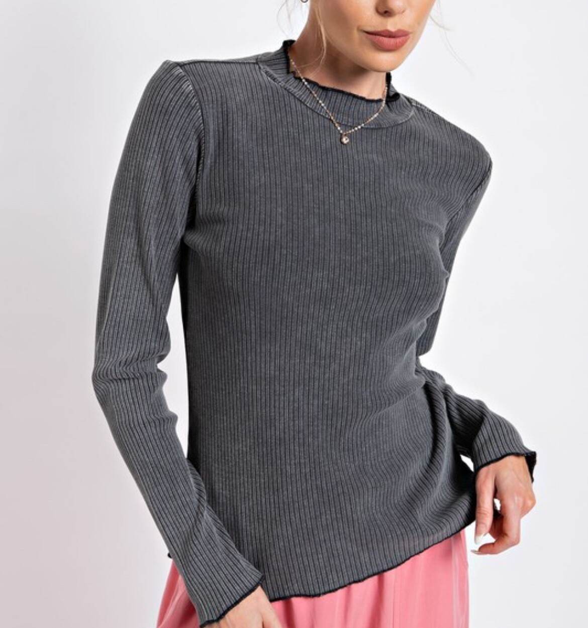 Washed Ribbed Knit Fitted Top - Charcoal