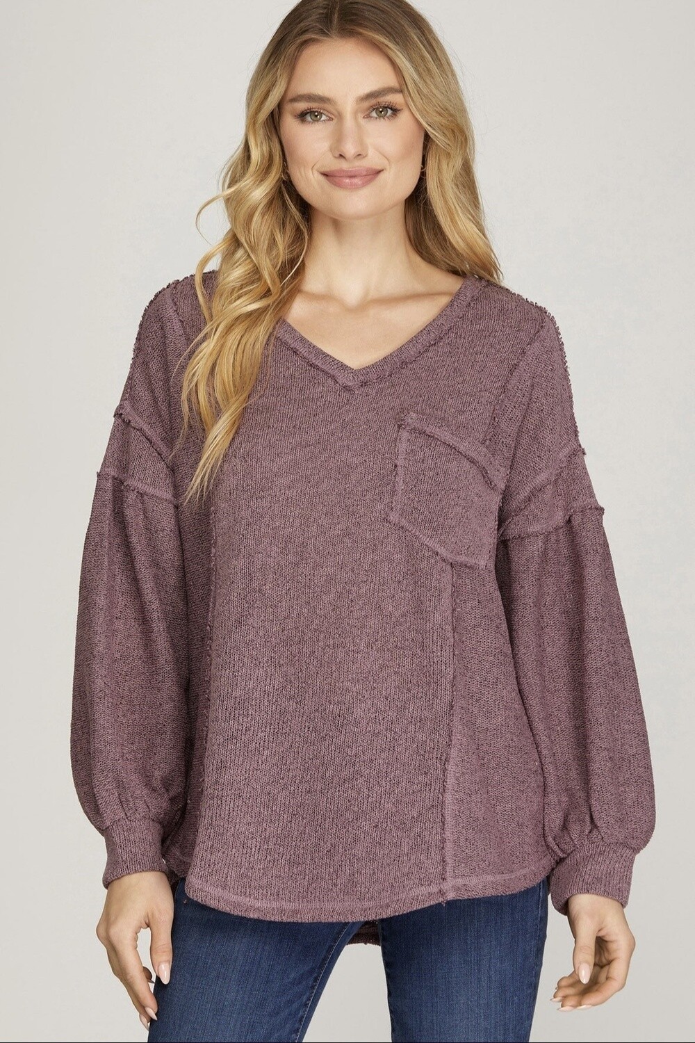 Puff Sleeve Knit Top - Dusty Mauve
