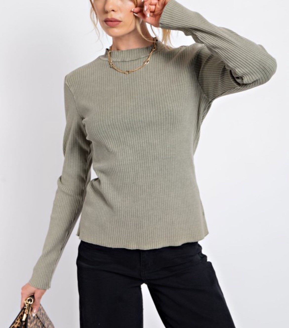 Washed Ribbed Knit Fitted Top - Olive