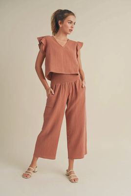 Double Gauze Ruffle Top &amp; Pant Set, Color: Chestnut, Size: Small