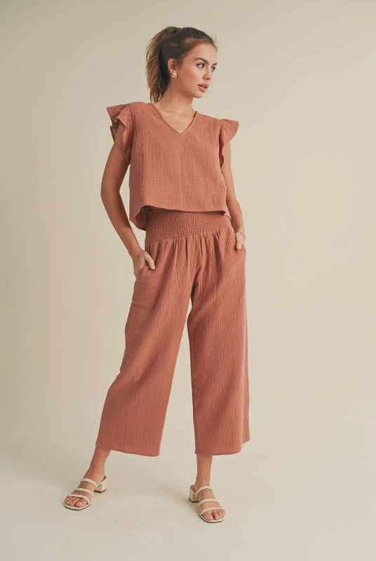 Double Gauze Ruffle Top &amp; Pant Set, Color: Chestnut, Size: Small