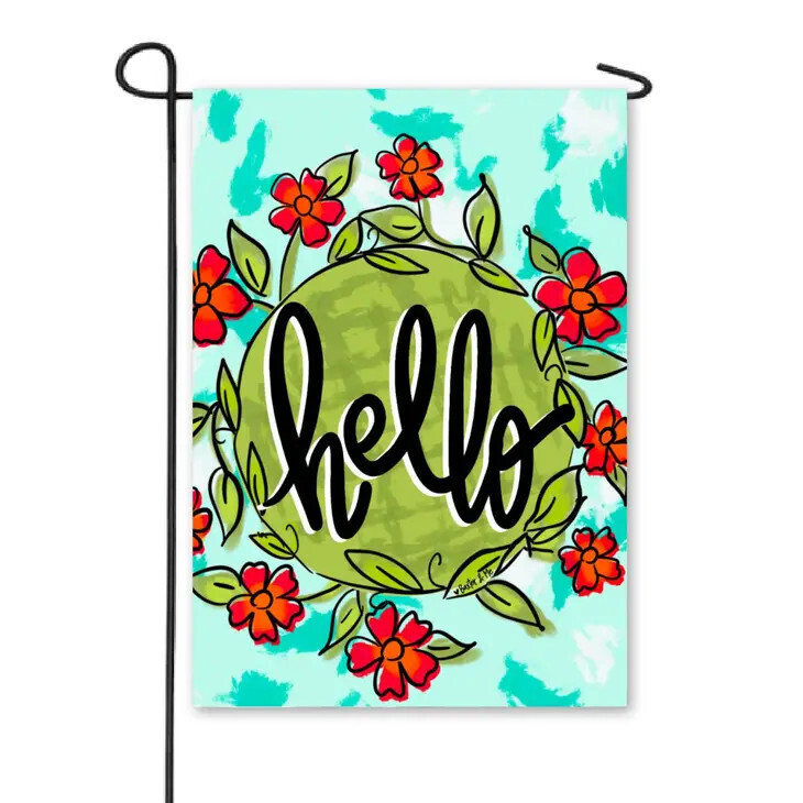 Garden Flag, Hello Red Floral Wreath