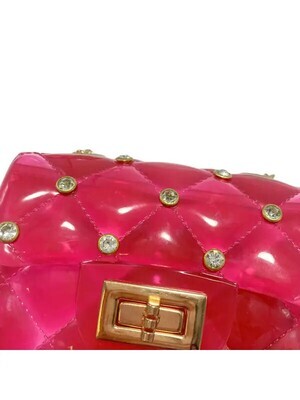 Rhinestone Stud Quilted Jelly Purse - Fuchsia/Red