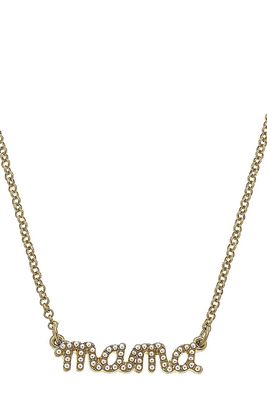 Mama Pearl Studded Script Necklace, Worn Gold