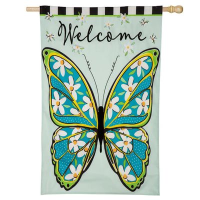 Floral Butterfly Welcome Linen House Flag