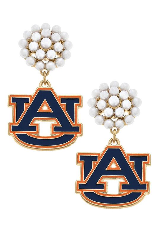 Auburn Logo Pearl Cluster Enamel Drop Earrings, Orange/Navy