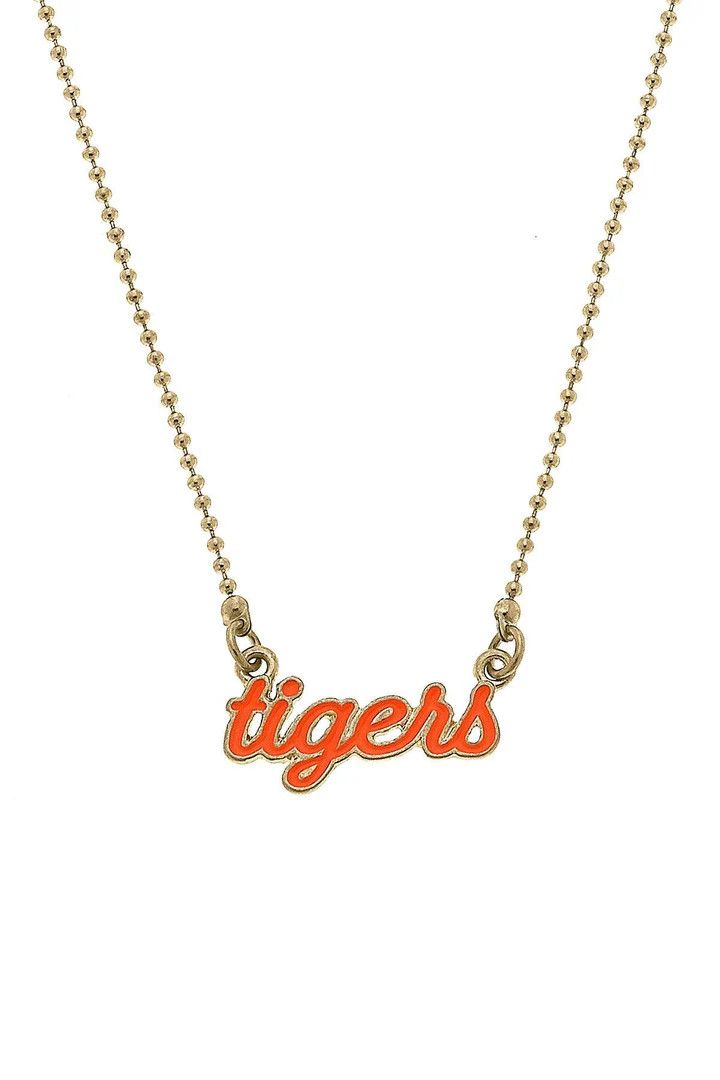Auburn Enamel Script Necklace, Orange Tigers