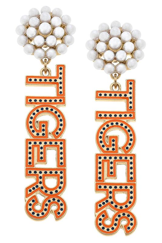 Tigers Pearl Cluster Dotted  Enamel Earrings, Orange