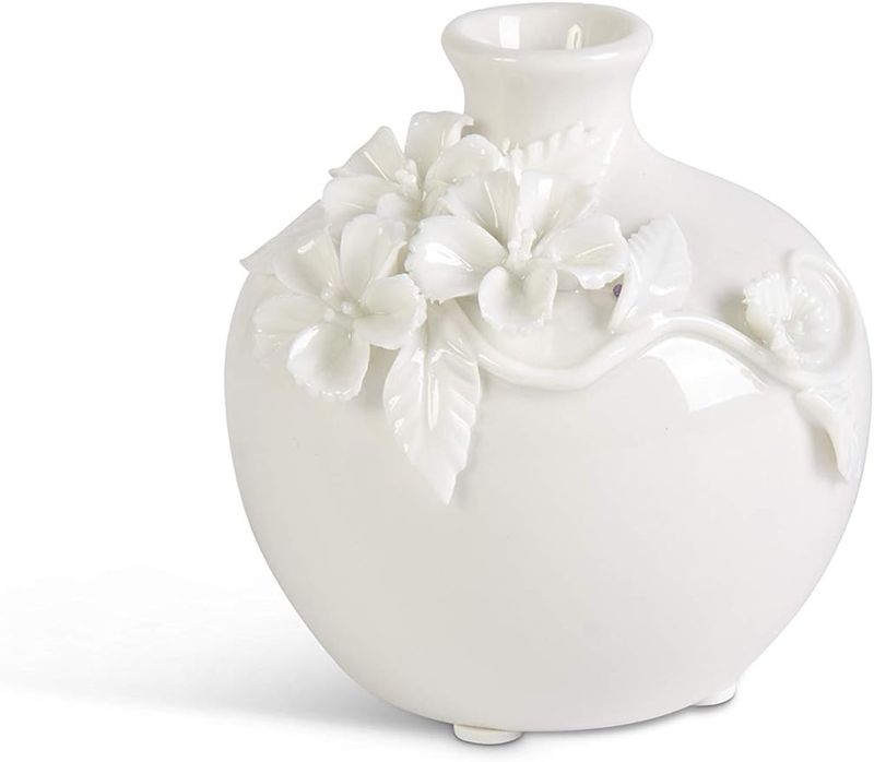 Short White Ceramic Vase W/ Raised Flowers