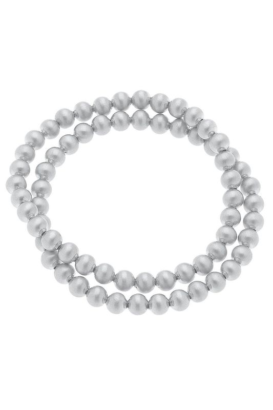 Cypress Ball Bead Stretch Bracelet Set, Satin Silver
