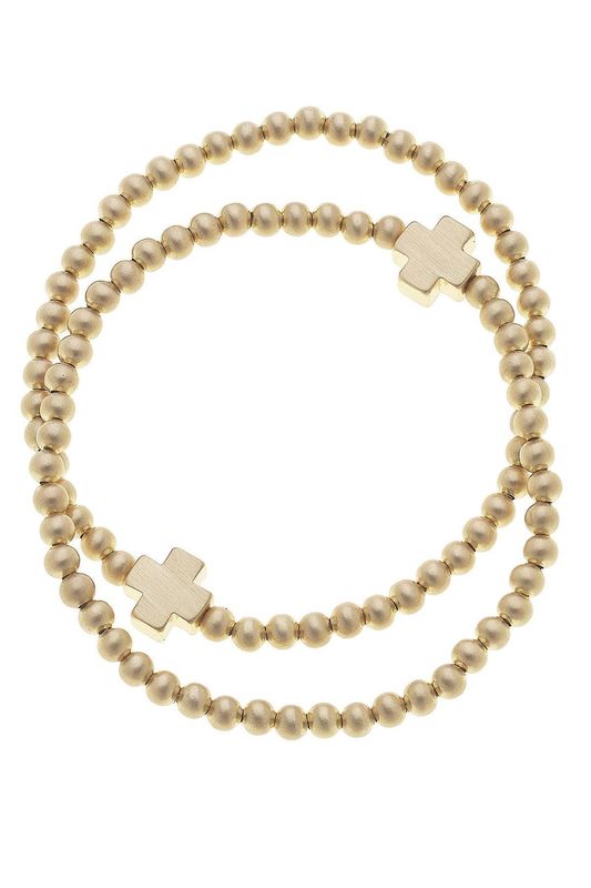 Isa Cross Ball Bead Stretch Bracelet Set, Satin Gold