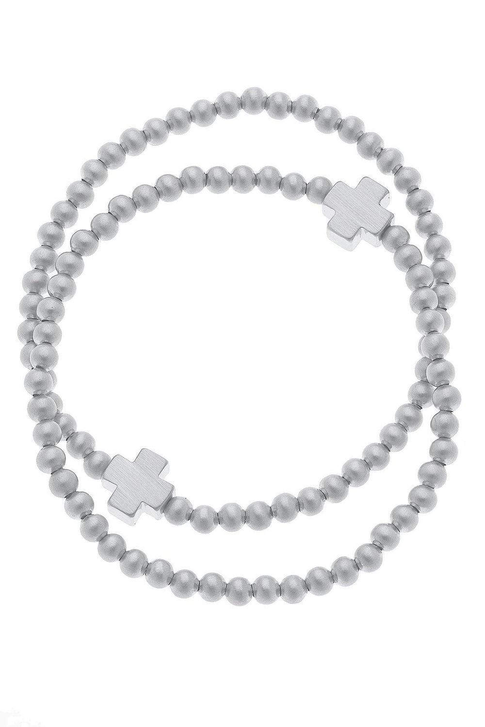 Isa Cross Ball Bead Stretch Bracelet Set, Satin Silver