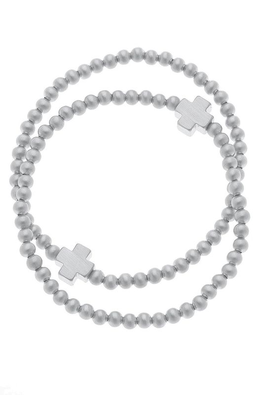 Isa Cross Ball Bead Stretch Bracelet Set, Satin Silver