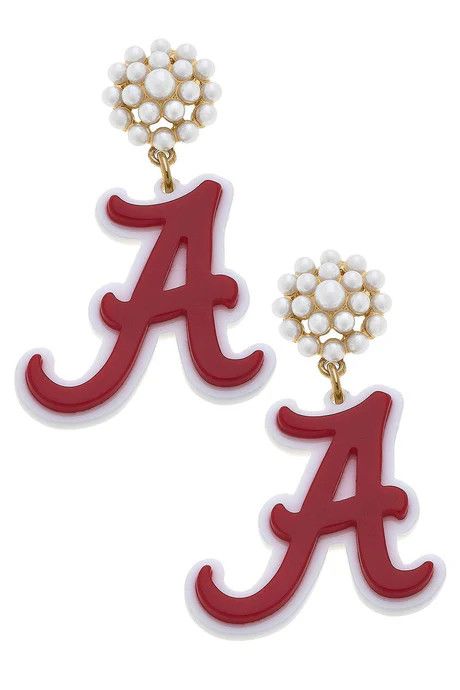 Alabama Pearl Cluster Resin Logo Earrings, Crimson