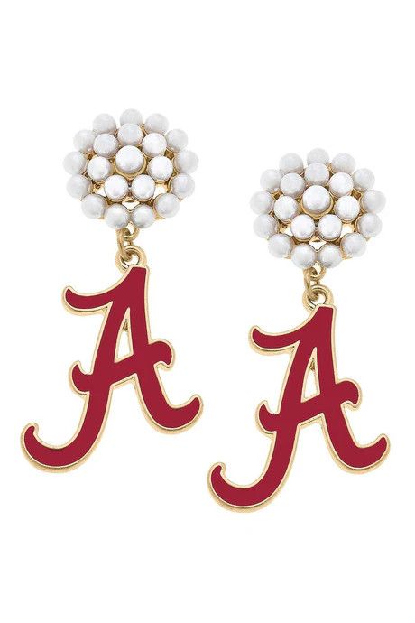 Alabama Pearl Cluster Enamel Drop Earrings, Crimson