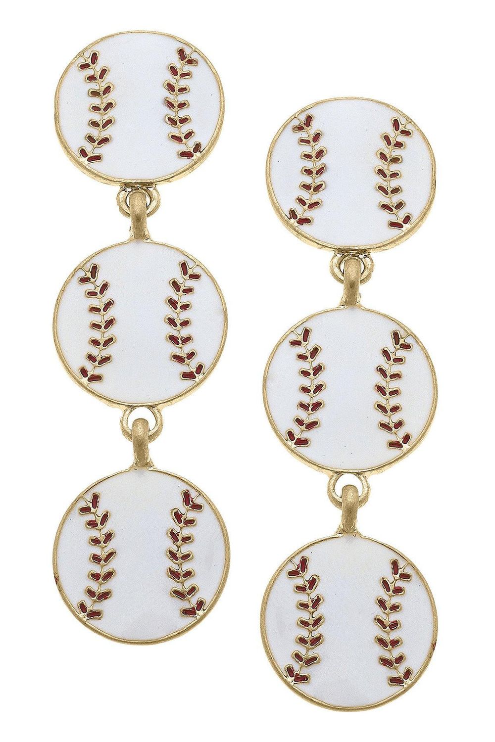 Baseball Triple Drop Enamel Earrings in White &amp; Red