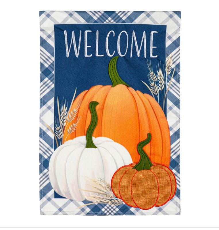 Linen Garden Flag, Plaid Pumpkins