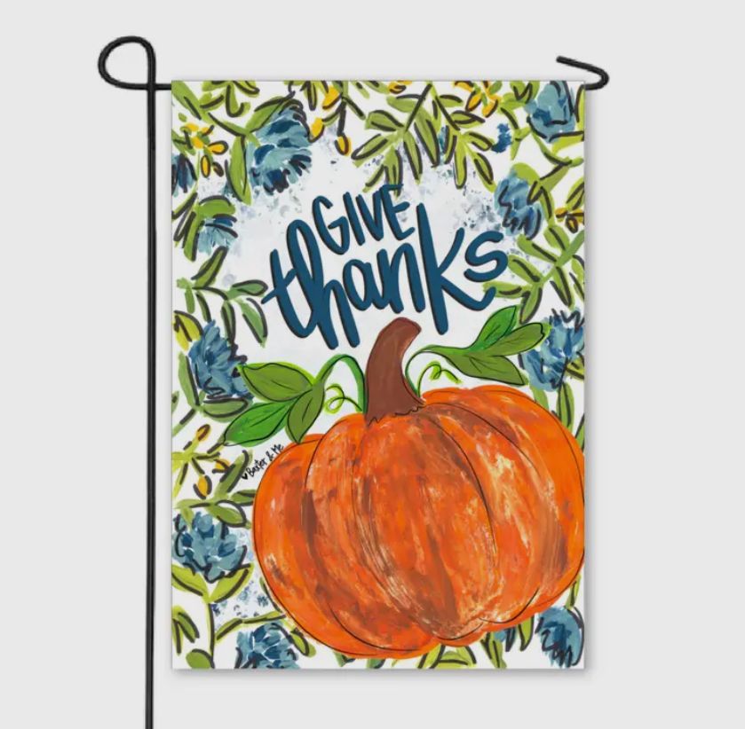 Garden Flag, Blue Give Thanks Pumpkin Floral