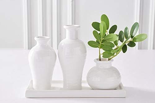 6 Inch Cluster of 3 White Ceramic Vases with Attached Tray