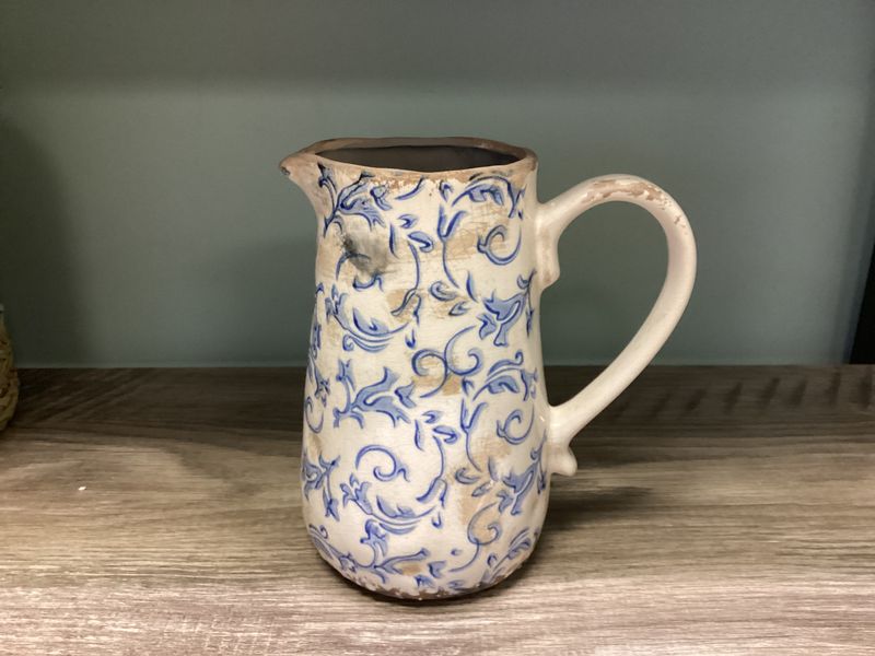 7.25in Vintage Blue and White Ceramic Pitcher