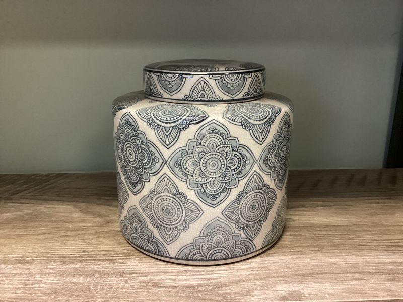 Small Ceramic Lidded Canister with Ornate Quatrafoil