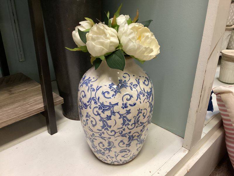 10in Vintage Blue White Ceramic Vase