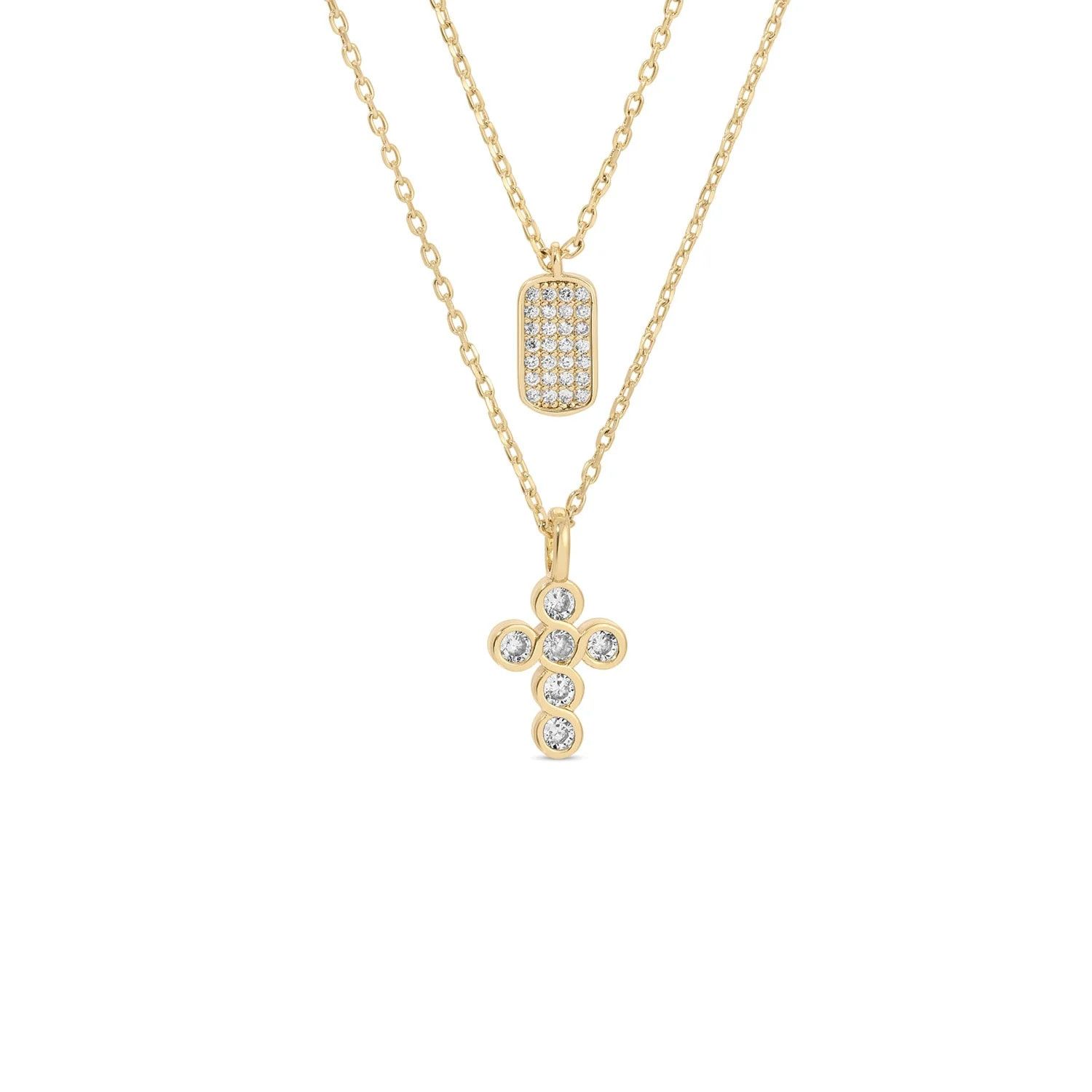 Gold Double Layer CZ Cross Necklace