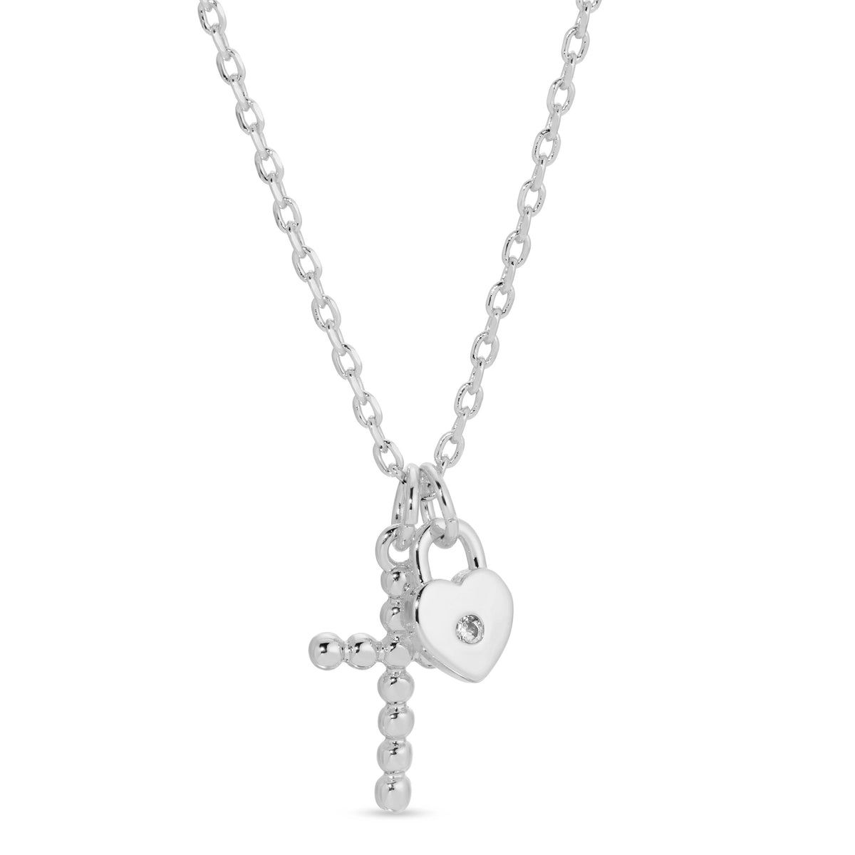 Silver Cross and Heart Pendant Necklace