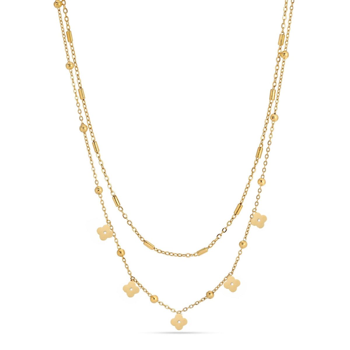 Gold Two Layer Necklace with Flowers