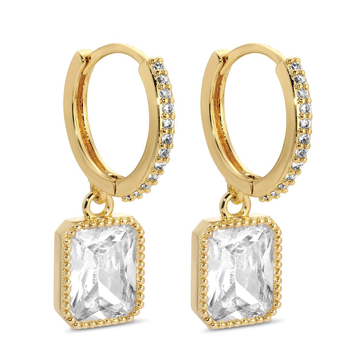 Pave Huggies with Rectangle Drop Crystal, Clear