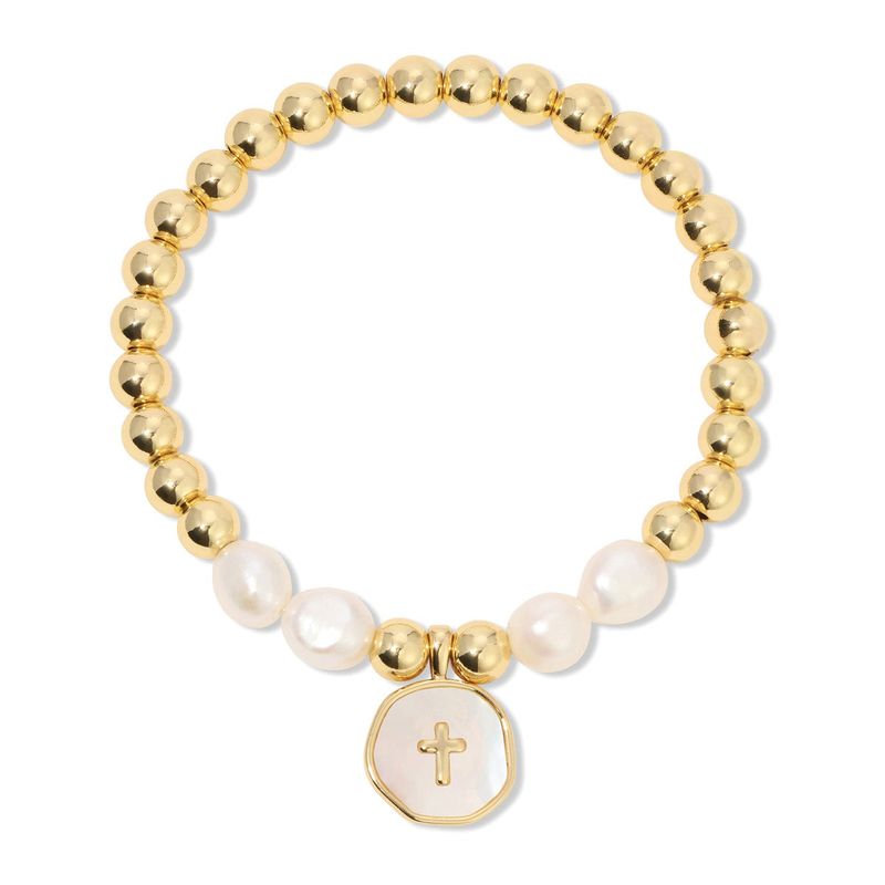 Gold Cross + Pearls Stretch Charm Bracelet