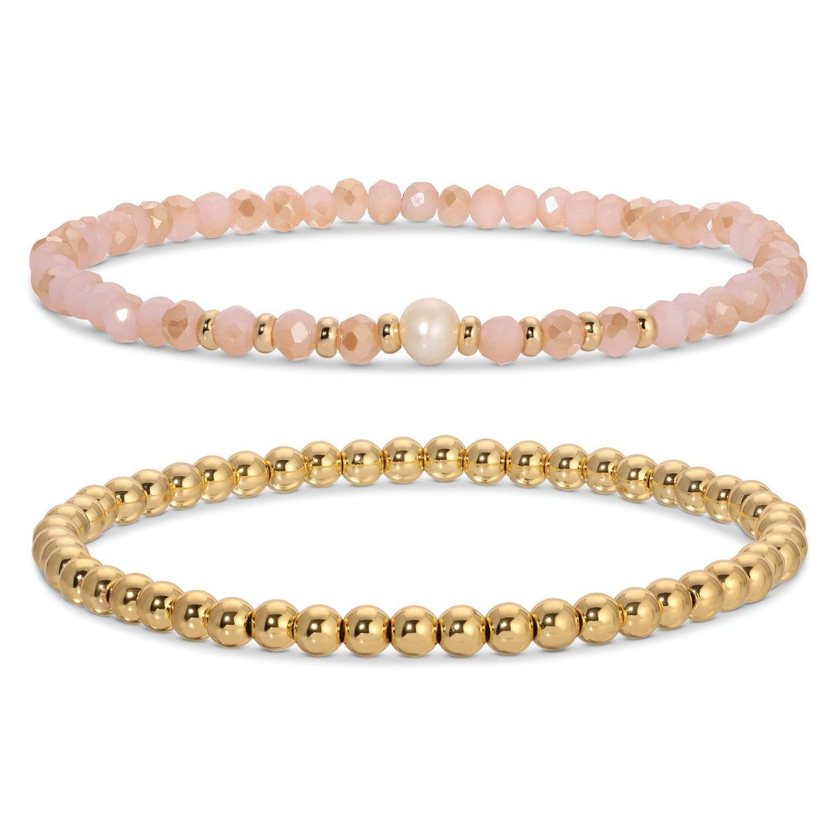 Beaded Duo Pearl Bracelet Set, Pink-Peach