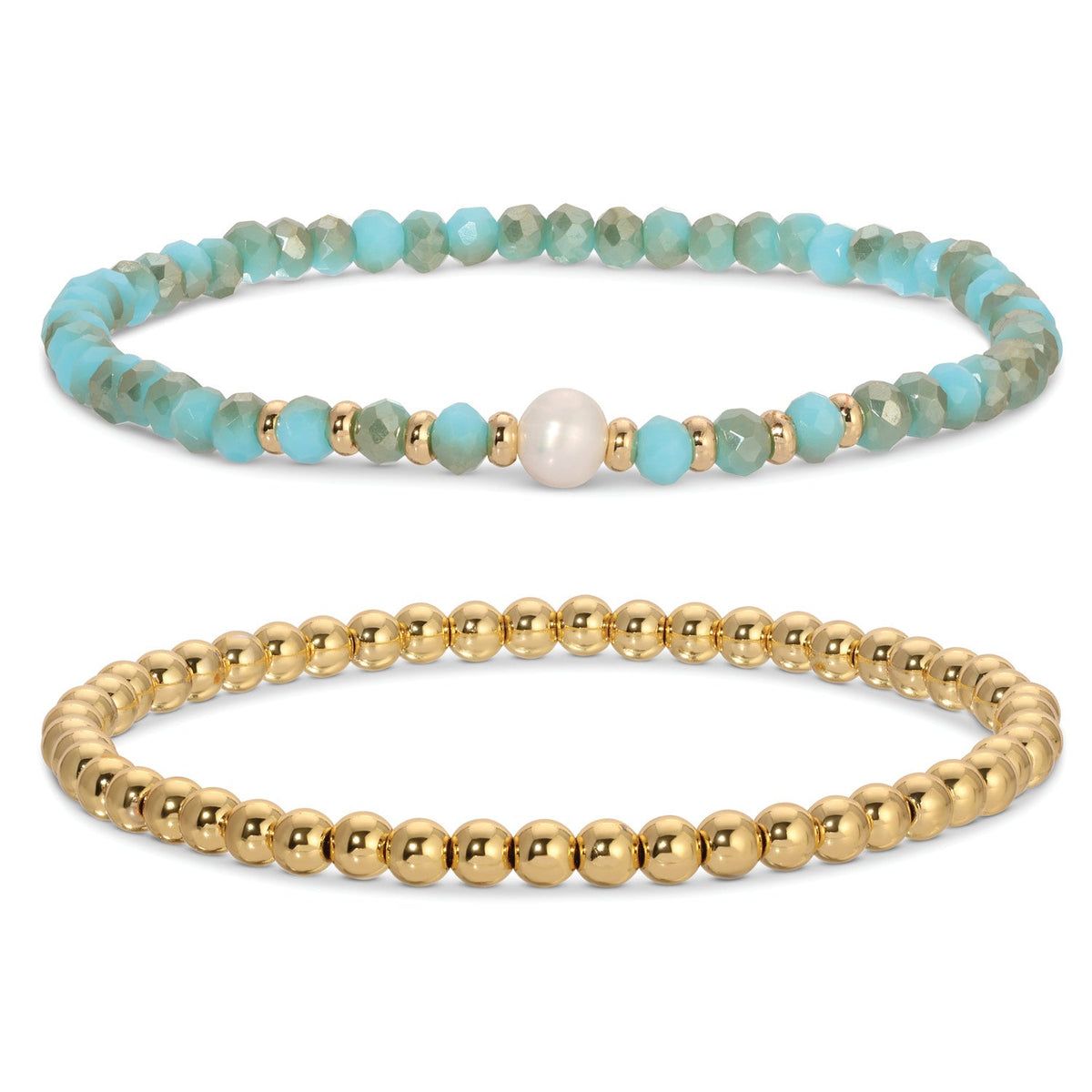 Beaded Duo Pearl Bracelet Set, Aqua Crystal