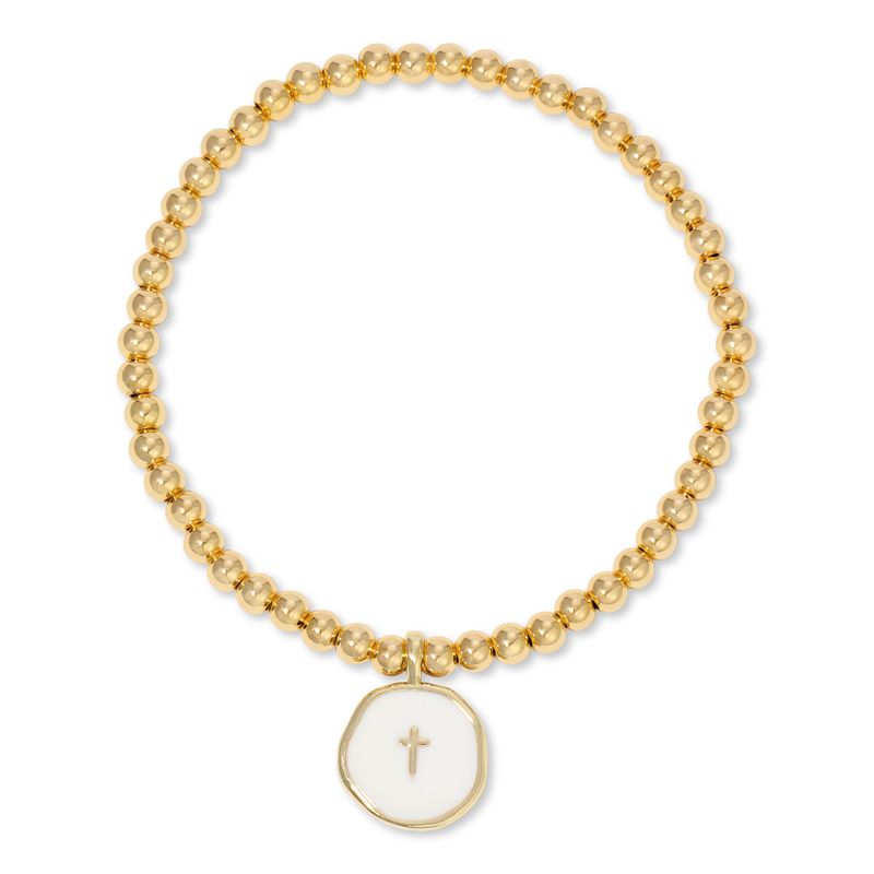 Tiny Cross White Charm Bracelet, Gold