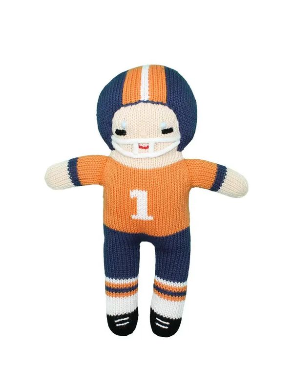 Football Player Knit Dolls -  Orange/Navy, 7” Rattle