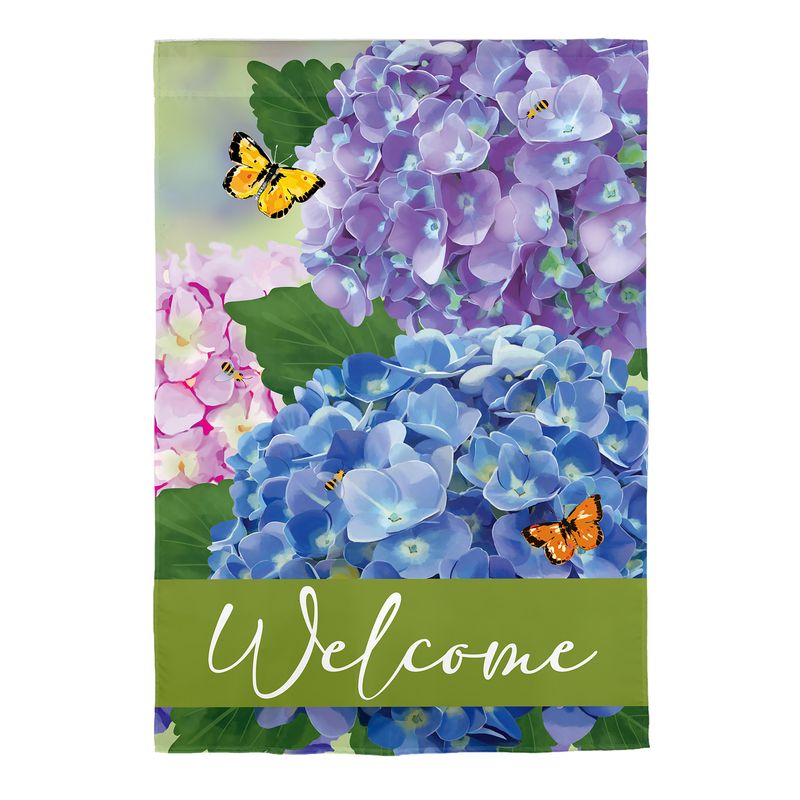 Hydrangea and Butterfly Welcome Garden Burlap Flag