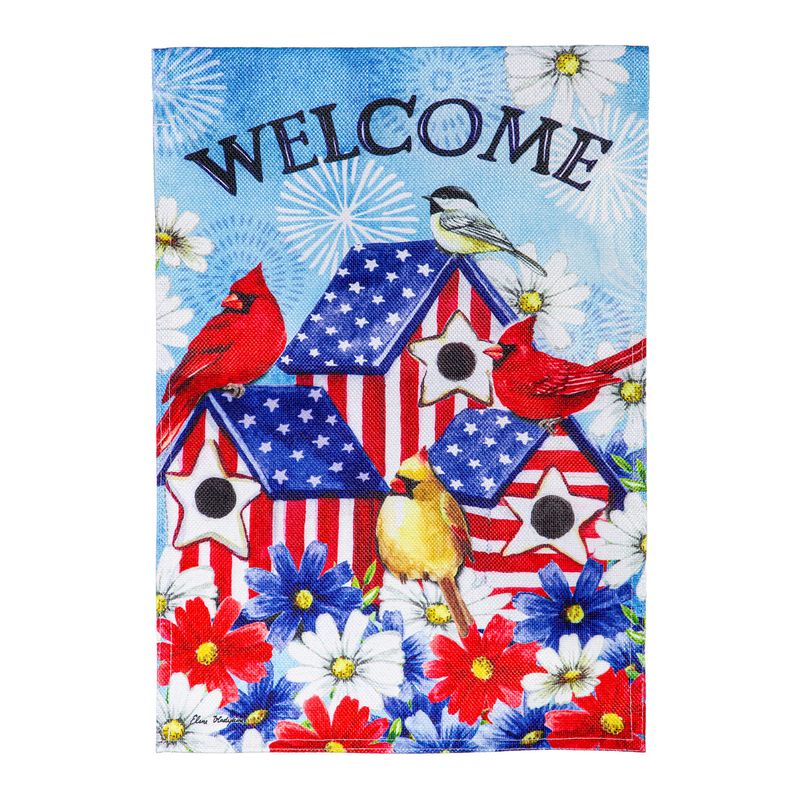 Patriotic Birdhouse Burlap Garden Flag