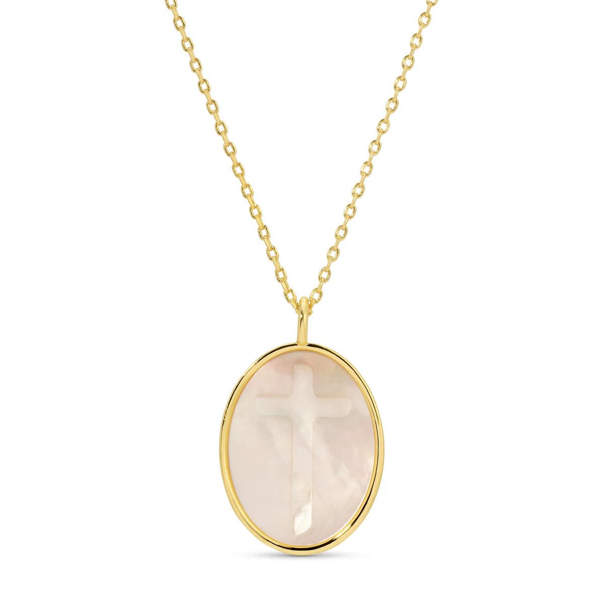 Cross Etched Oval Shell Pendant, Gold