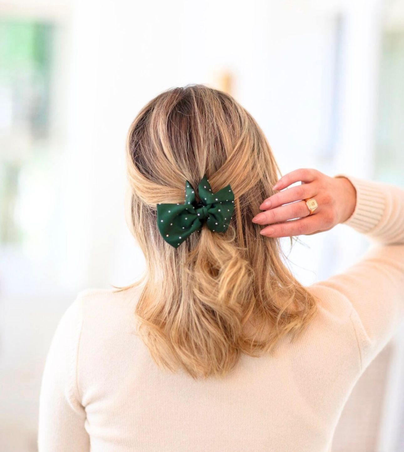 Satin Sparkle Bow Clip Pair Emerald/Cream