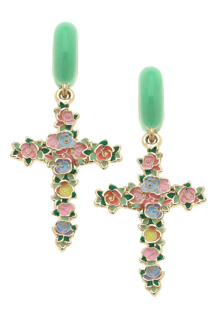 Green Blossomed Cross Huggie Hoop Earrings
