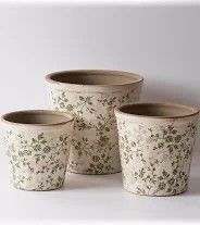 Cream &amp; Green Floral Ceramic Pot, Medium 6.5in