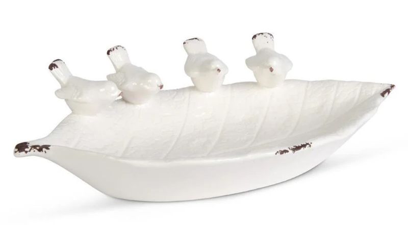 14 Inch White Ceramic Leaf Bowl w/4 Song Birds