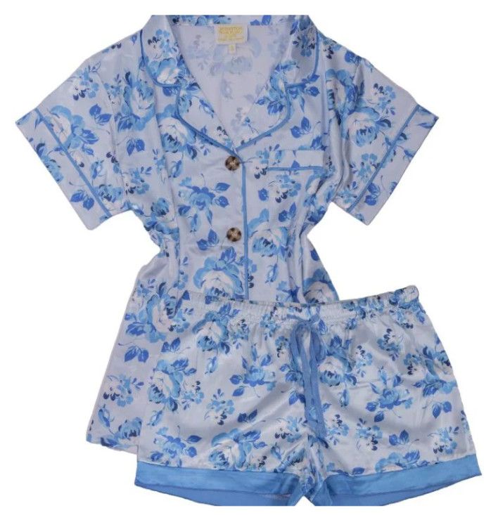 Blue Floral Silk Pj Set, Size: Small