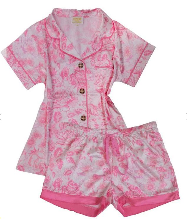 Pink Floral Silk Pj Set, Size: Small