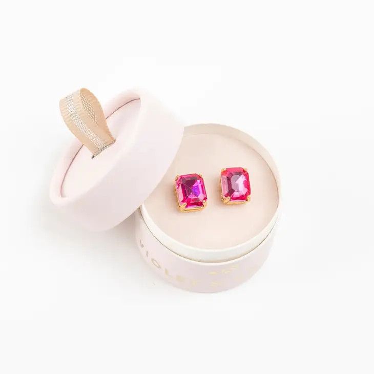 Everlyn Emerald Cut Post Earrings, Color: Pink