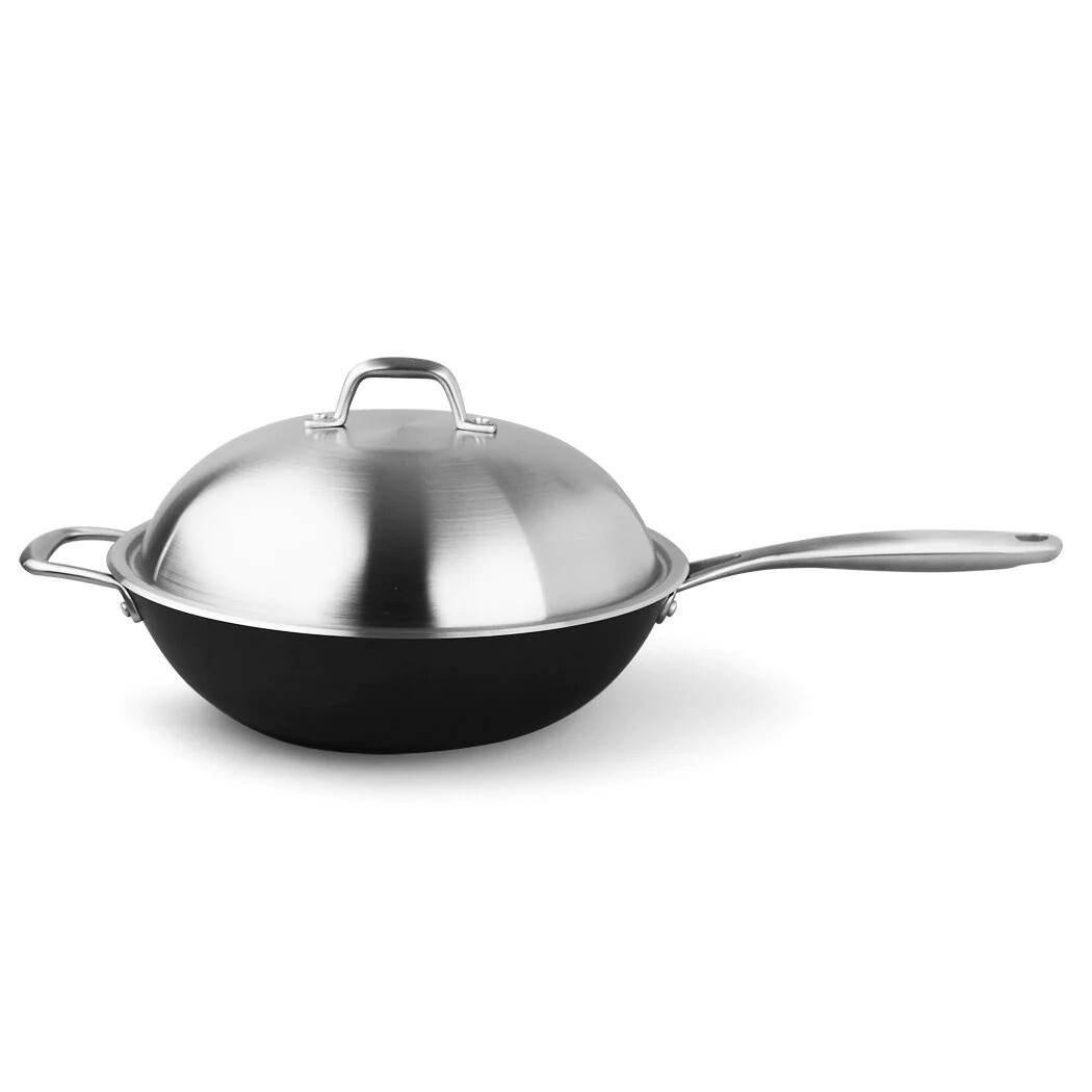 Gotha 32Cm Anti-Rust Cast Iron Wok W/ Cast Steel Handle Stainless Steel Lid