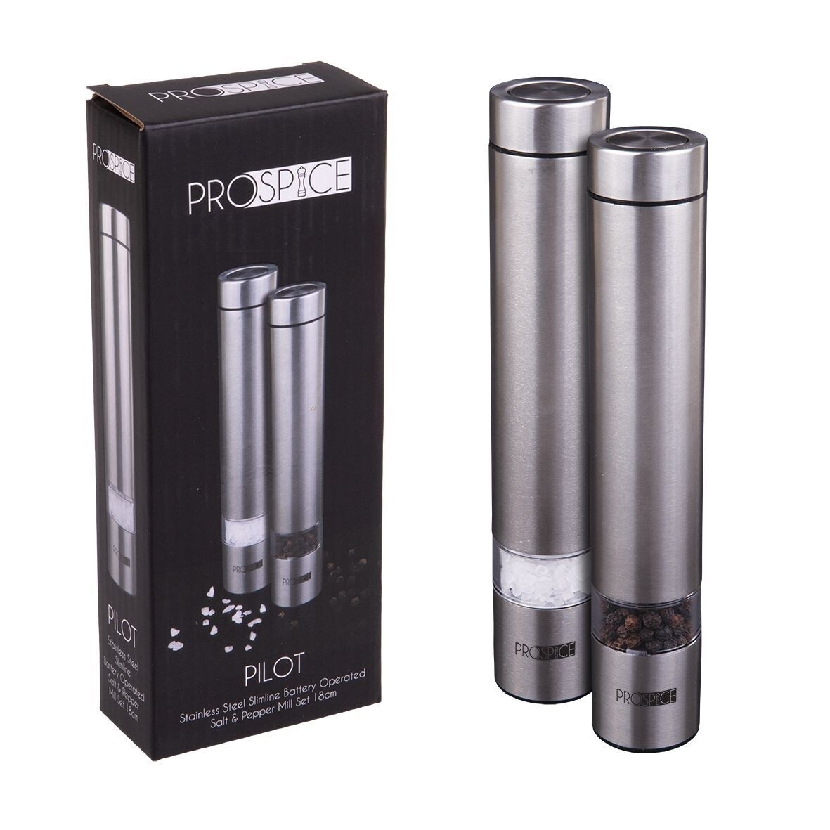 Pilot Stainless Steel Slimline Battery Operated Salt &amp; Pepper Mill Set 18cm