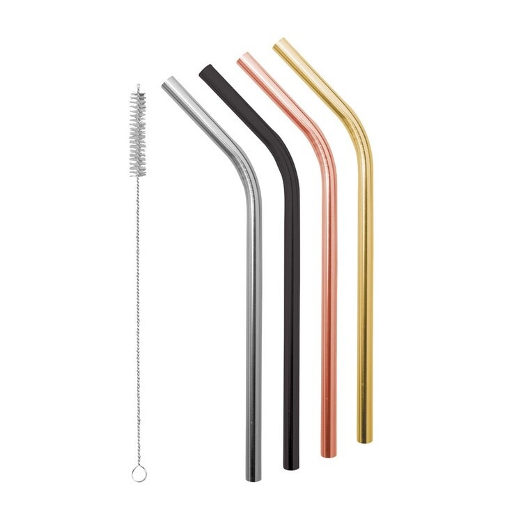 Smoothie Stainless Steel Straws With Cleaning Brush - Prescious Metals - Set Of 4