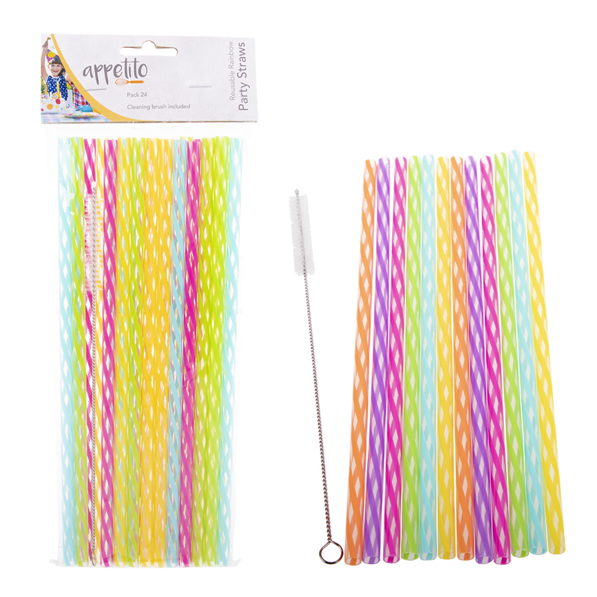 Reusable Rainbow Party Straws 25Cm Pack of 24 With Brush, Colour: Asst. Colours